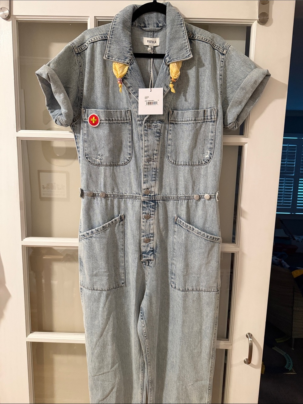 Custom designed pistola Light Wash Denim Jumpsuit with Yellow Bandana Accents